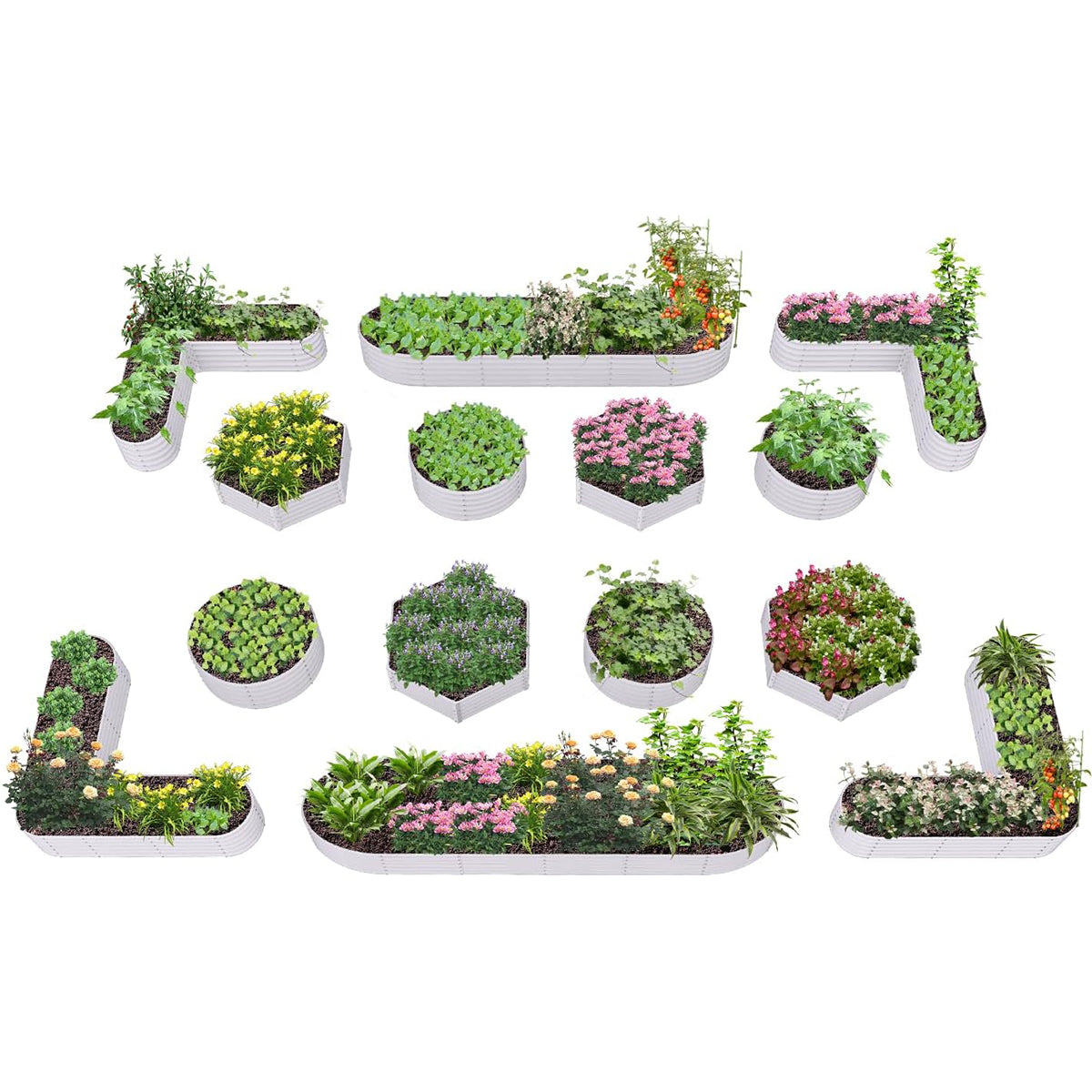 18" Tall Modular Raised Garden Bed Set, 14-Piece White Layout for Customizable Gardening