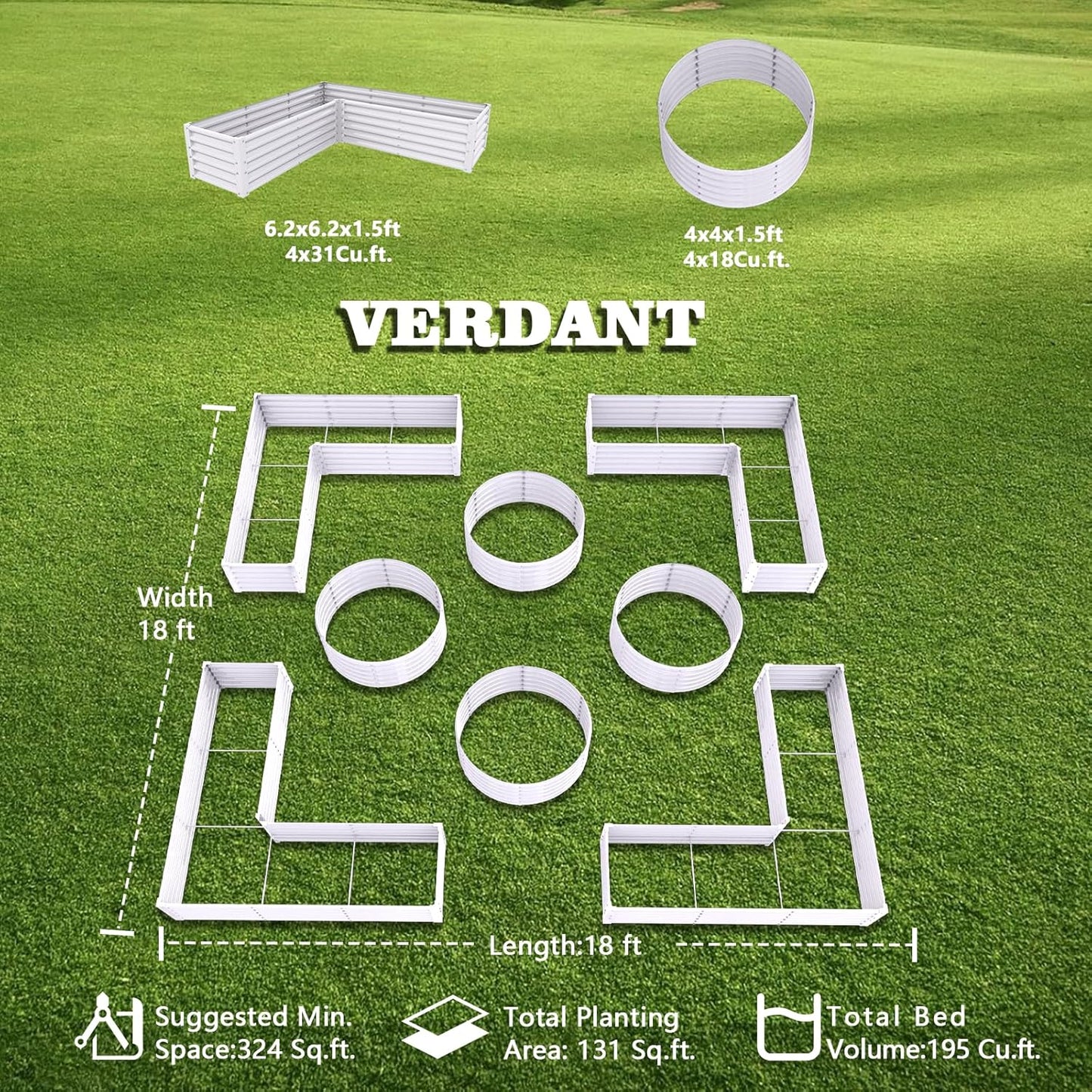 Set of 8: 48''x18'' & 74''x74''x18'' Metal Raised Garden Bed Layout (Gray/White)