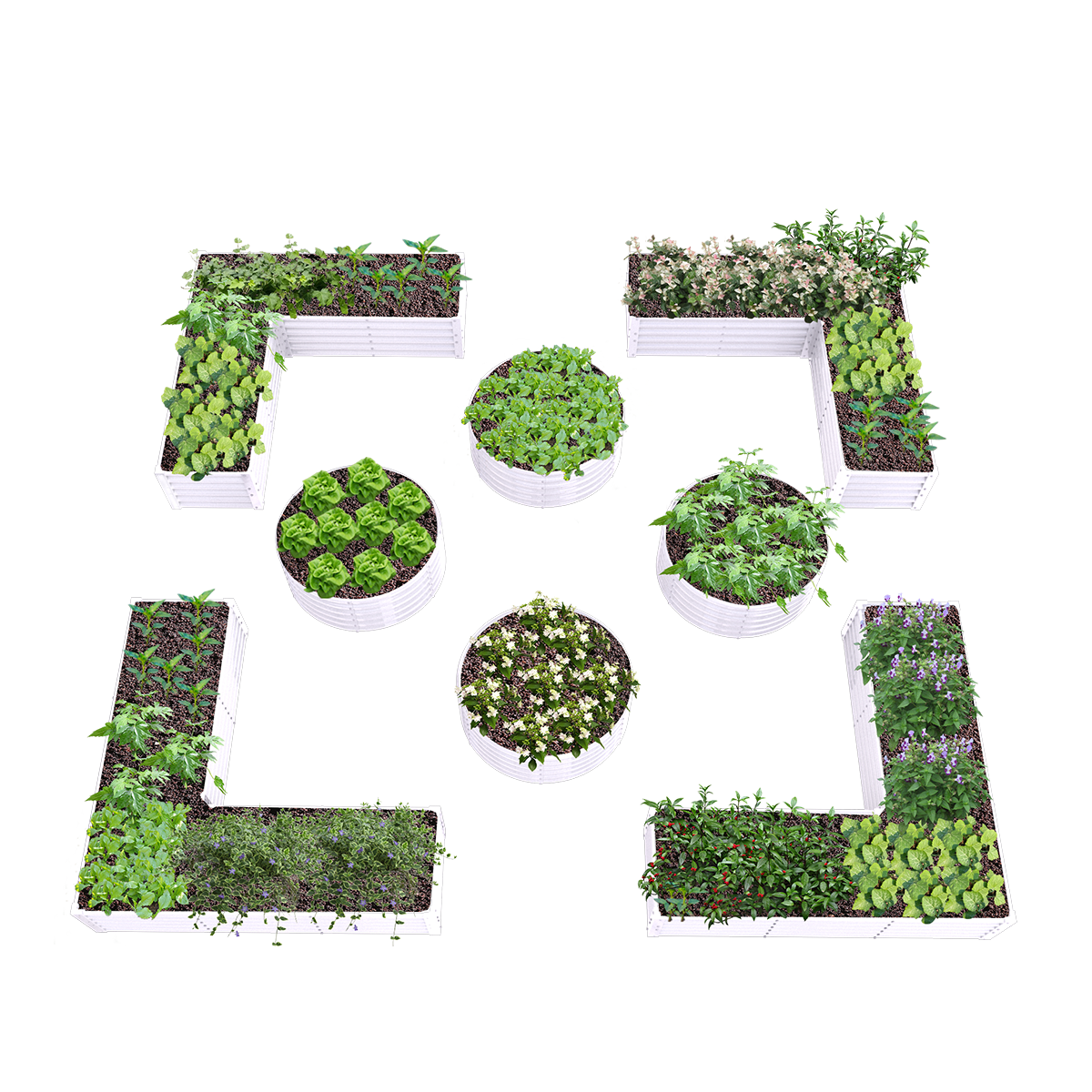 Set of 8: 48''x18'' & 74''x74''x18'' Metal Raised Garden Bed Layout (Gray/White)