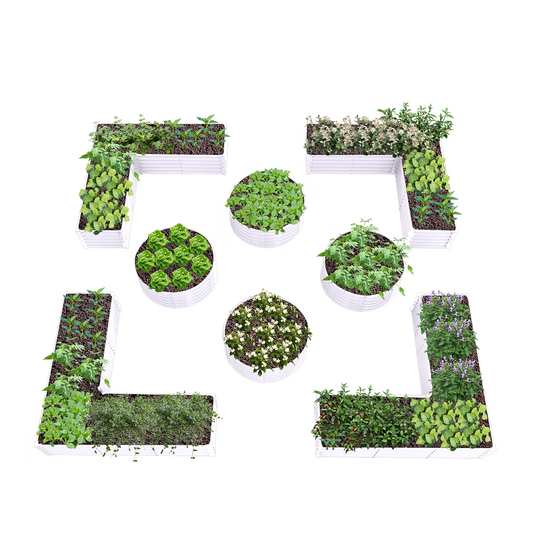 Set of 8: 48''x18'' & 74''x74''x18'' Metal Raised Garden Bed Layout (Gray/White)