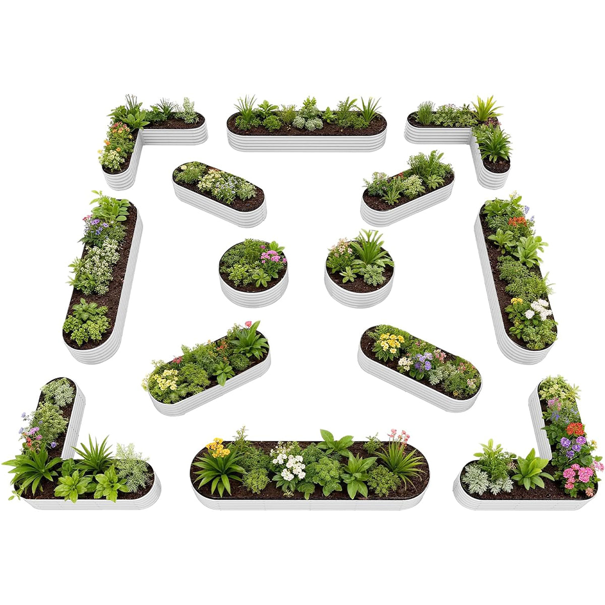 Set of 14: 18'' Tall Modular Raised Garden Beds Layout (Gray/White)