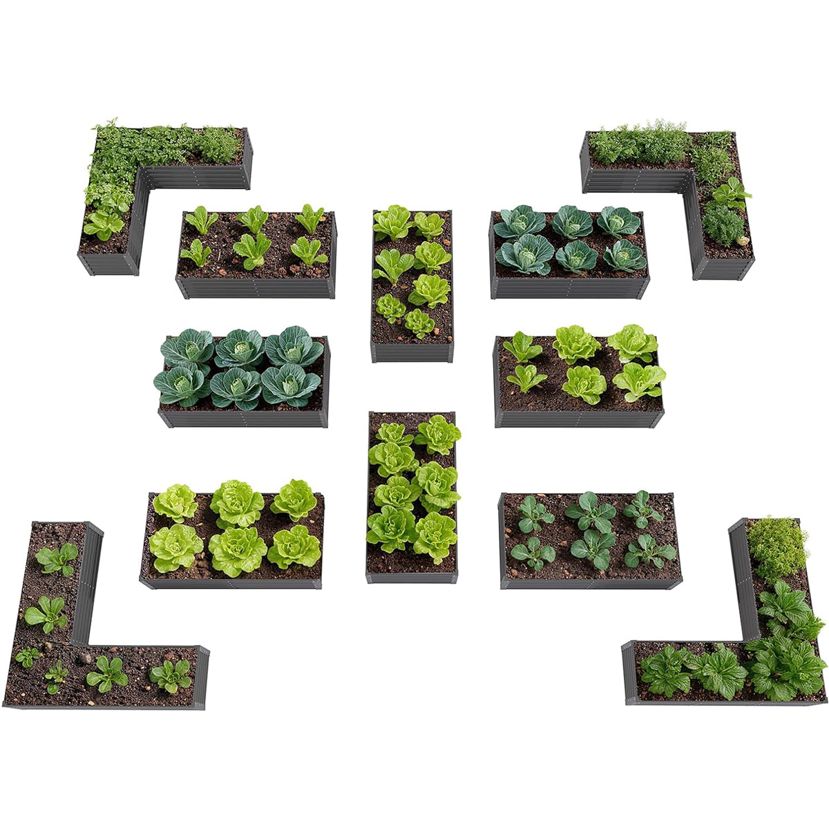 Set of 12: 74''x74''x18'' &  72'' x36'' x18'' Geometric Metal Raised Garden Bed Layout (Gray/White)
