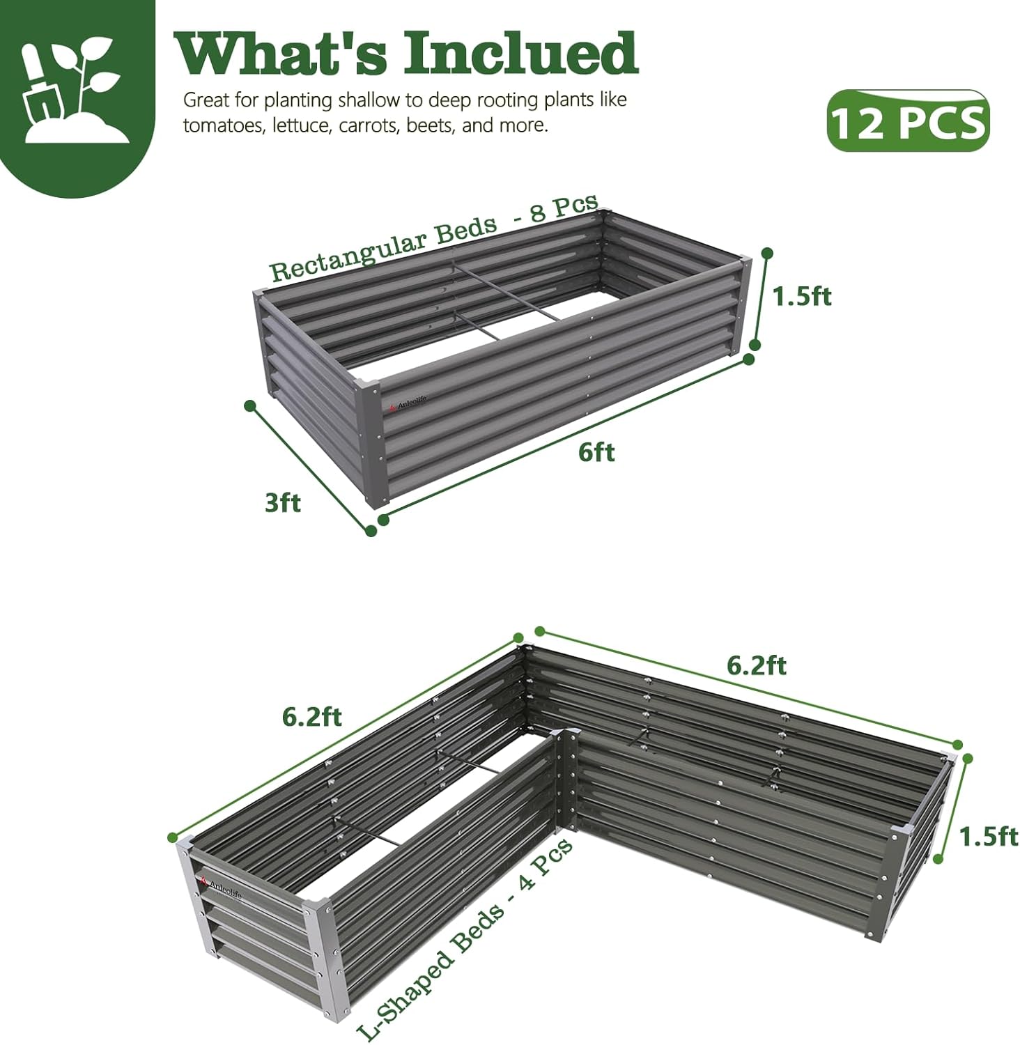 18" Tall Set of 12 Raised Garden Beds, Mixed Shape Rectangle & L-Shape Layout