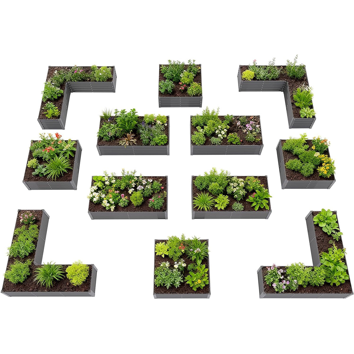 18" Tall Modular Raised Garden Bed Set, 12-Piece Layout for Customizable Gardening (Gray/White)