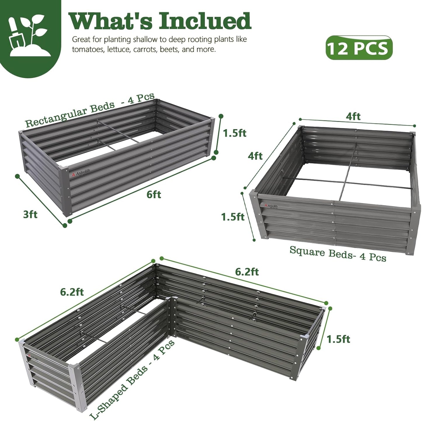 18" Tall Modular Raised Garden Bed Set, 12-Piece Layout for Customizable Gardening (Gray/White)