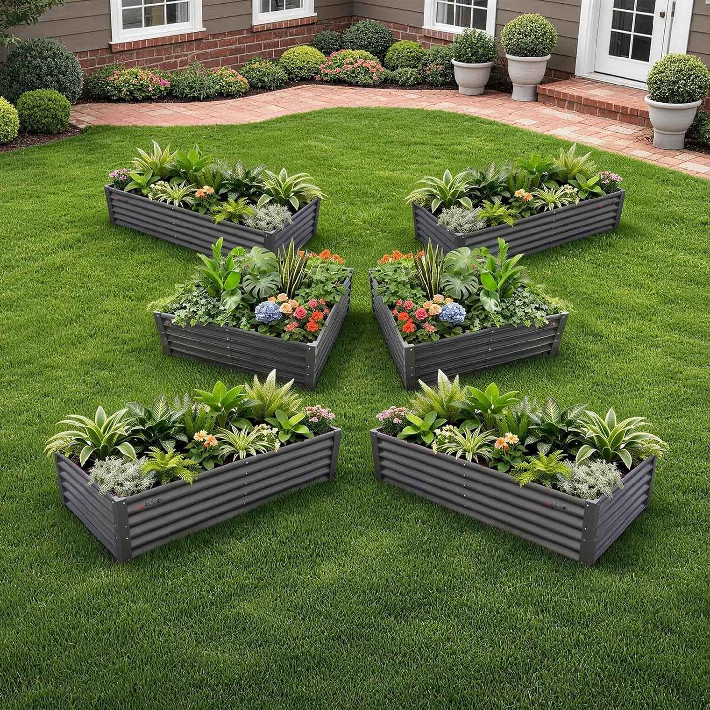 Set of 6: 2pcs(4x4x1.5ft) & 4 pcs (6x3x1.5ft) Rectangular Metal Raised Garden Bed (Gray/White)