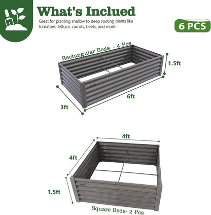 Set of 6: 2pcs(4x4x1.5ft) & 4 pcs (6x3x1.5ft) Rectangular Metal Raised Garden Bed (Gray/White)