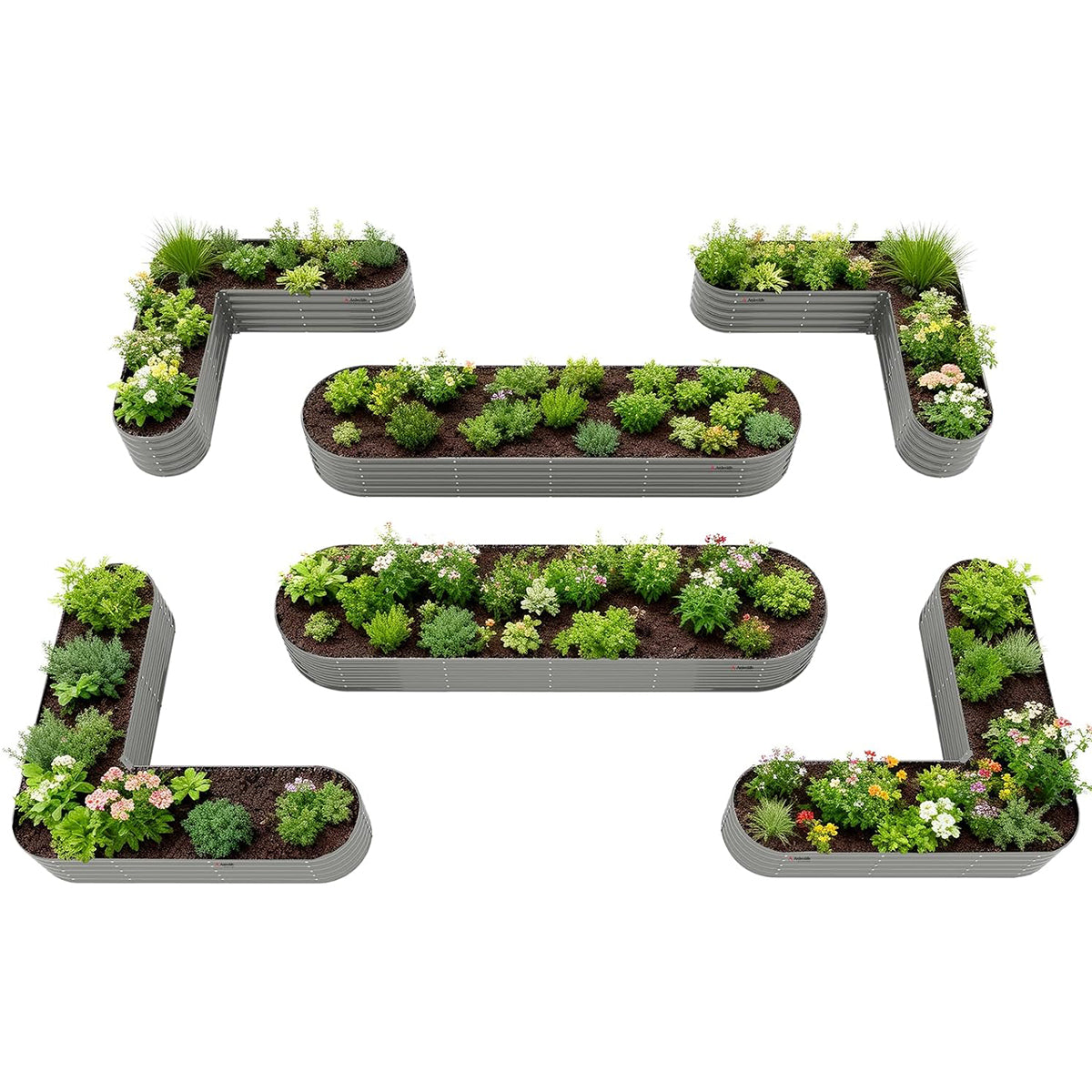 Set of 6: 144''x36''x18'' & 81''x81''x18'' Raised Garden Beds Layout (Quartz Gray/Classic White)
