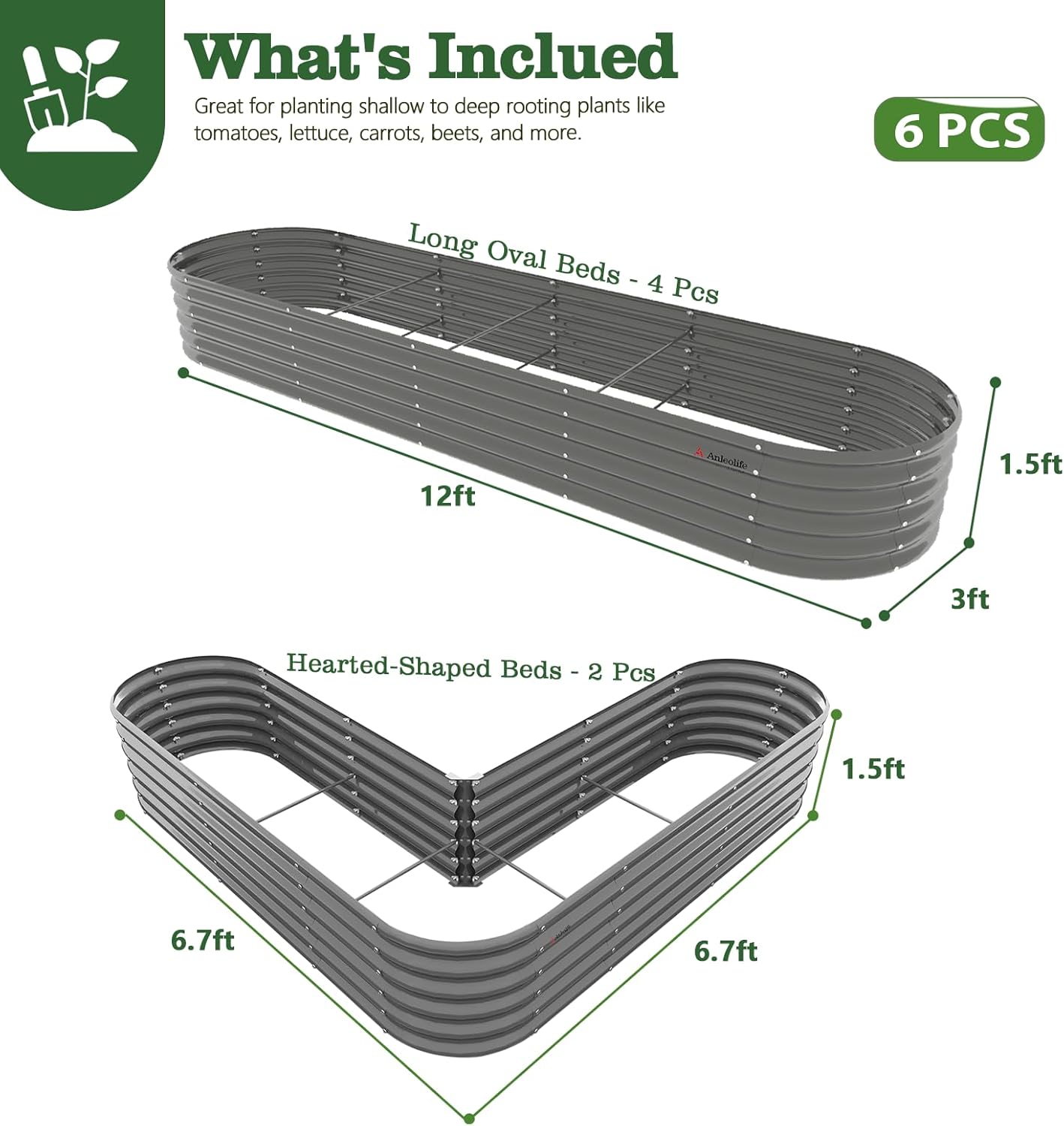 Set of 6: 144''x36''x18'' & 81''x81''x18'' Raised Garden Beds Layout (Grey/White)