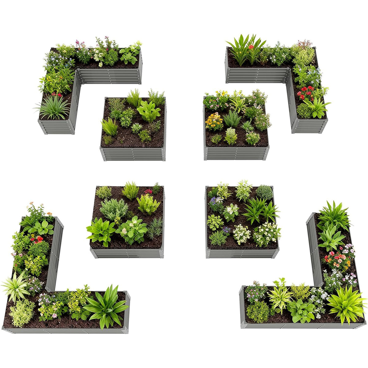 Set of 8: 74''x74''x18'' & 48'' x48'' x18'' Geometric Metal Raised Garden Bed Layout (White/Gray)
