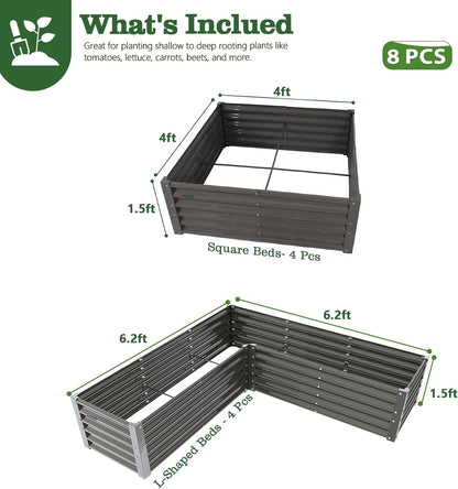 Set of 8: 74''x74''x18'' & 48'' x48'' x18'' Geometric Metal Raised Garden Bed Layout (White/Gray)