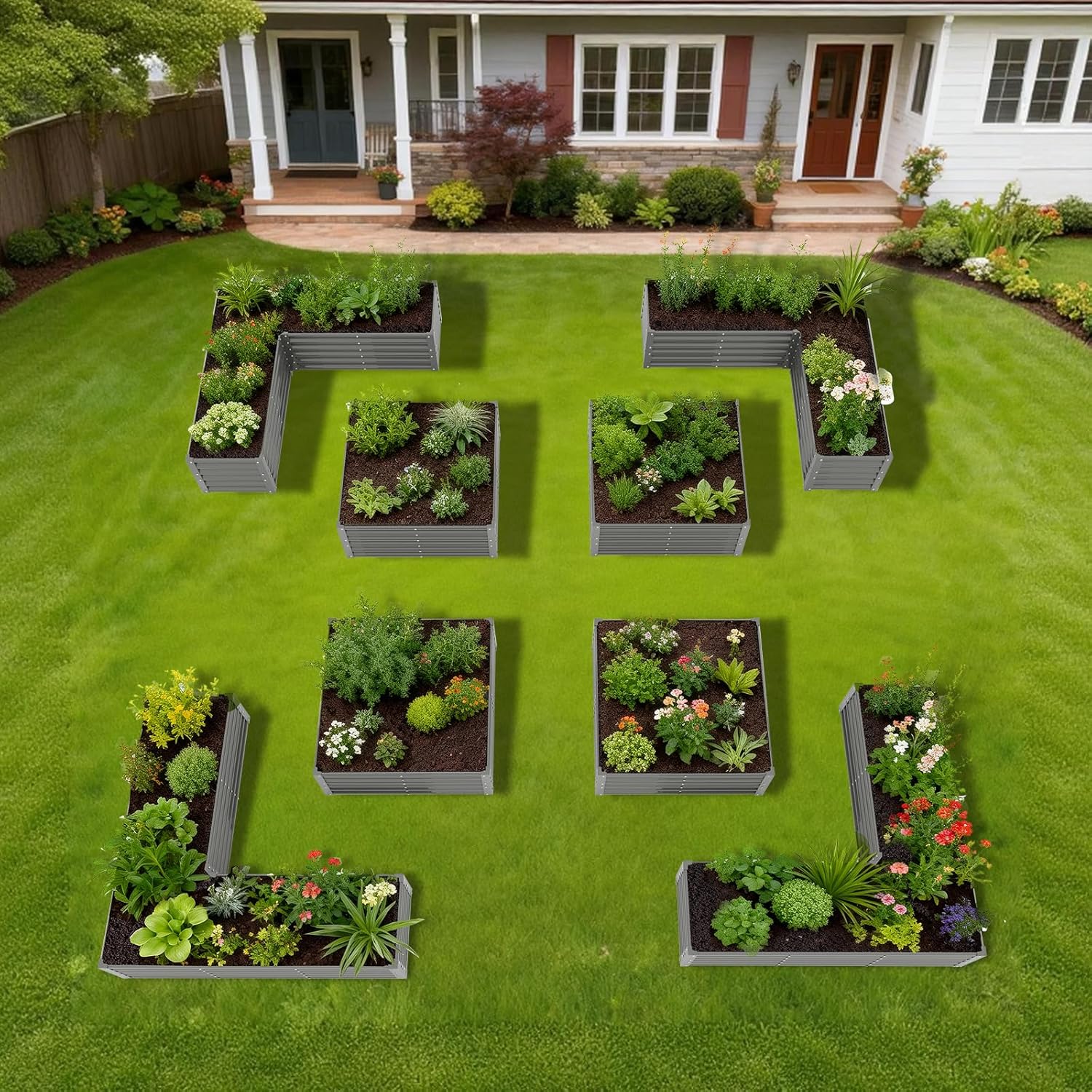 Set of 8: 74''x74''x18'' & 48'' x48'' x18'' Geometric Metal Raised Garden Bed Layout (Classic White/Quartz Gray)