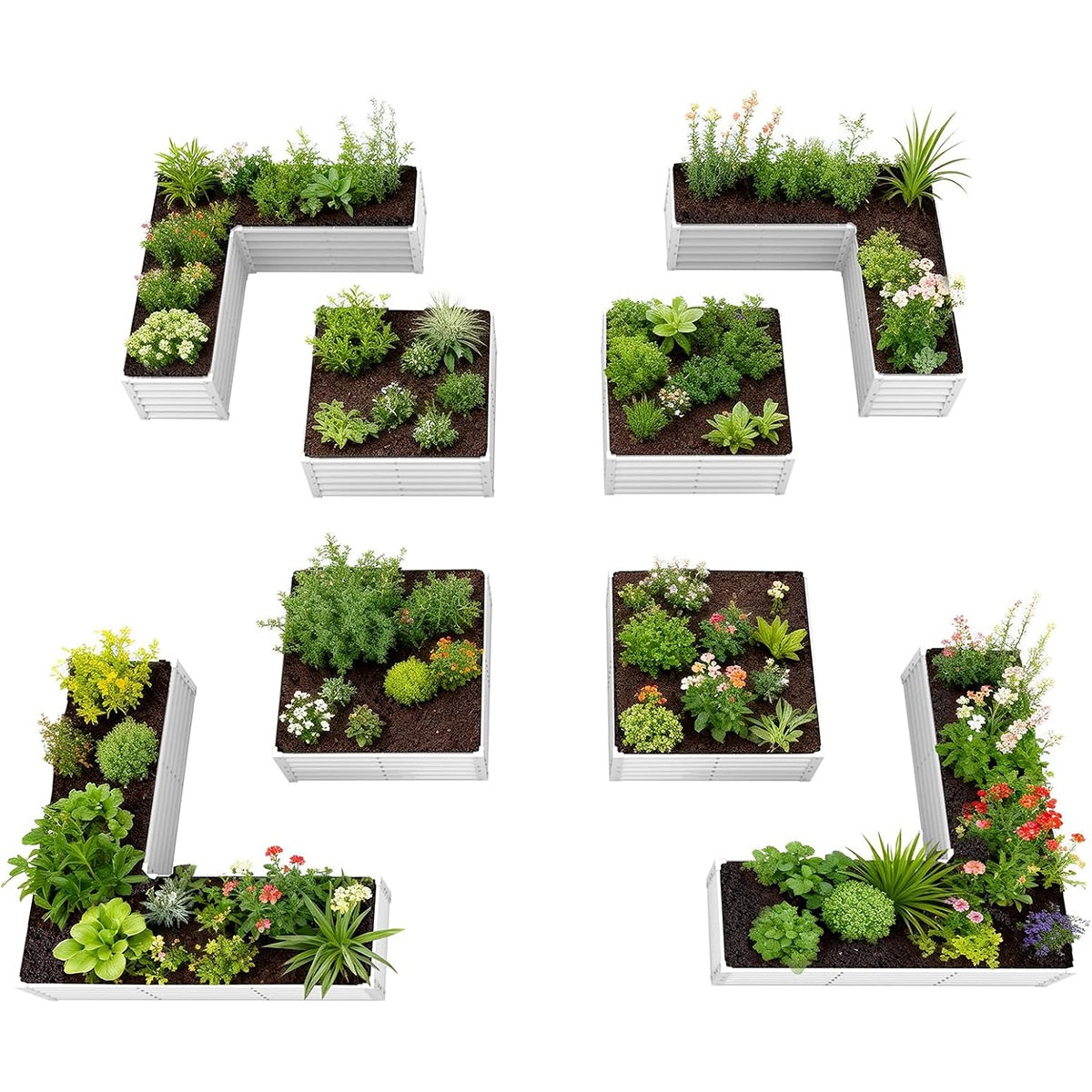 Set of 8: 74''x74''x18'' & 48'' x48'' x18'' Geometric Metal Raised Garden Bed Layout (White/Gray)