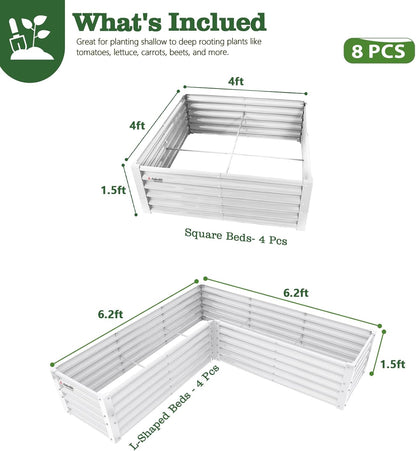 Set of 8: 74''x74''x18'' & 48'' x48'' x18'' Geometric Metal Raised Garden Bed Layout (White/Gray)