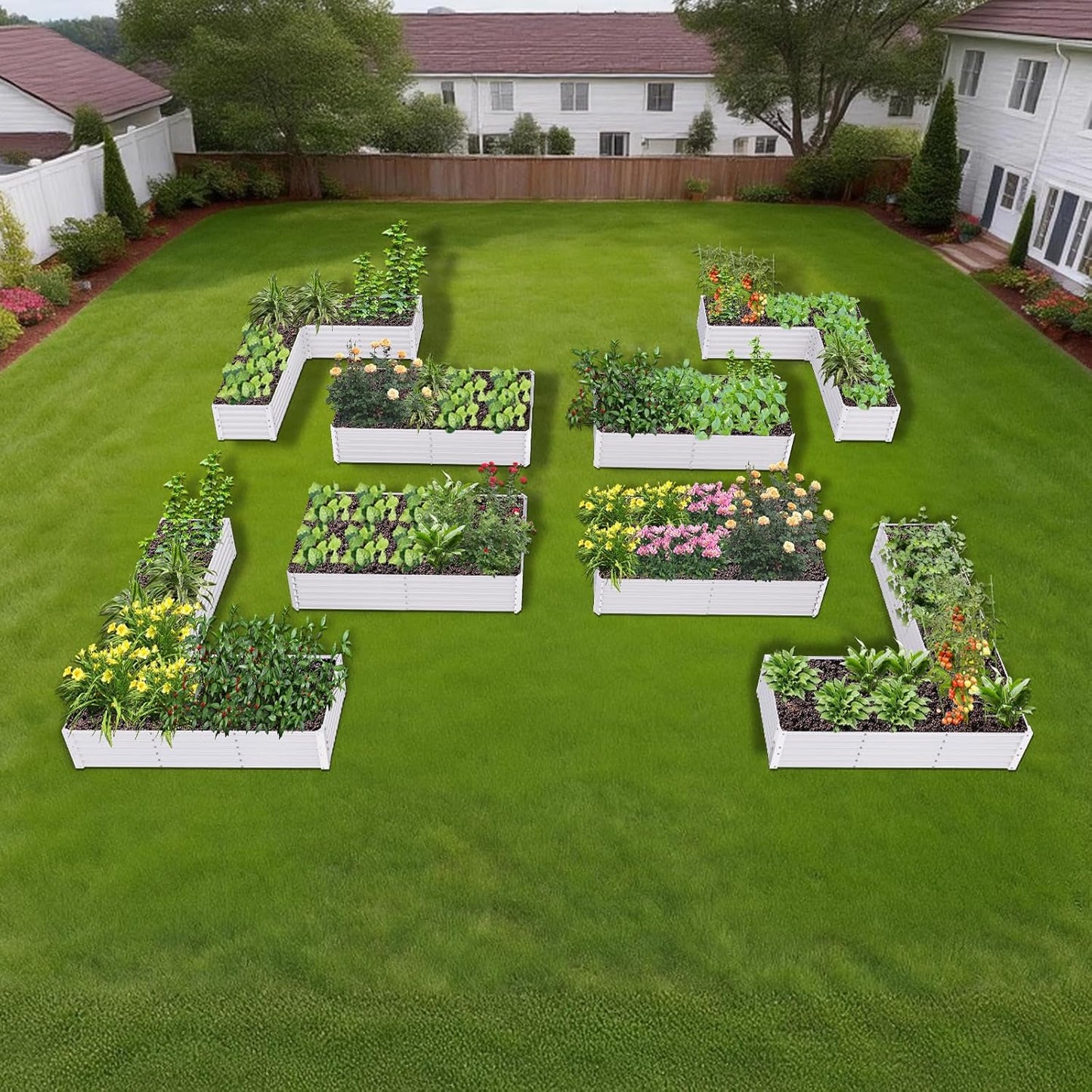 Set of 8: 74''x74''x18'' &  72'' x36'' x18'' Geometric Metal Raised Garden Bed Layout - Gray/White)