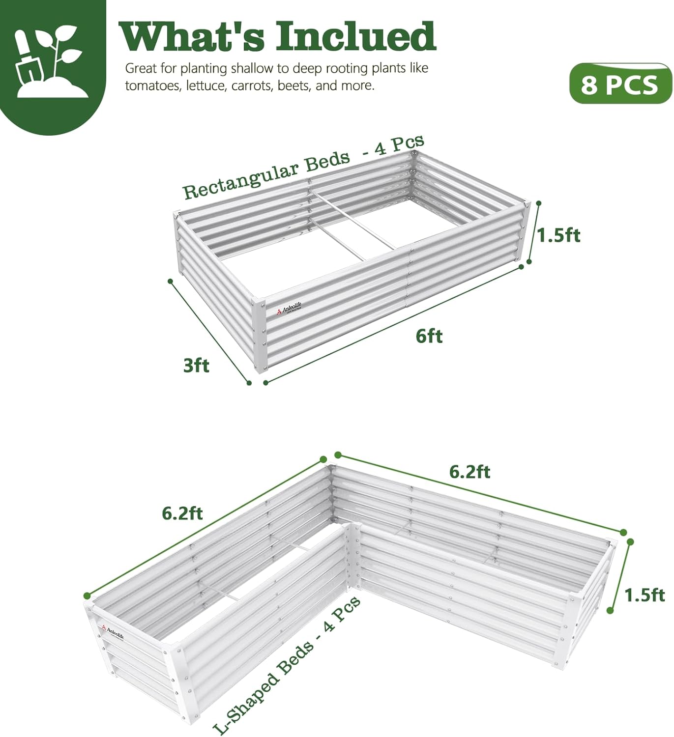 18" Tall Set of 8 Raised Garden Beds, L-Shape & Rectangle Layout