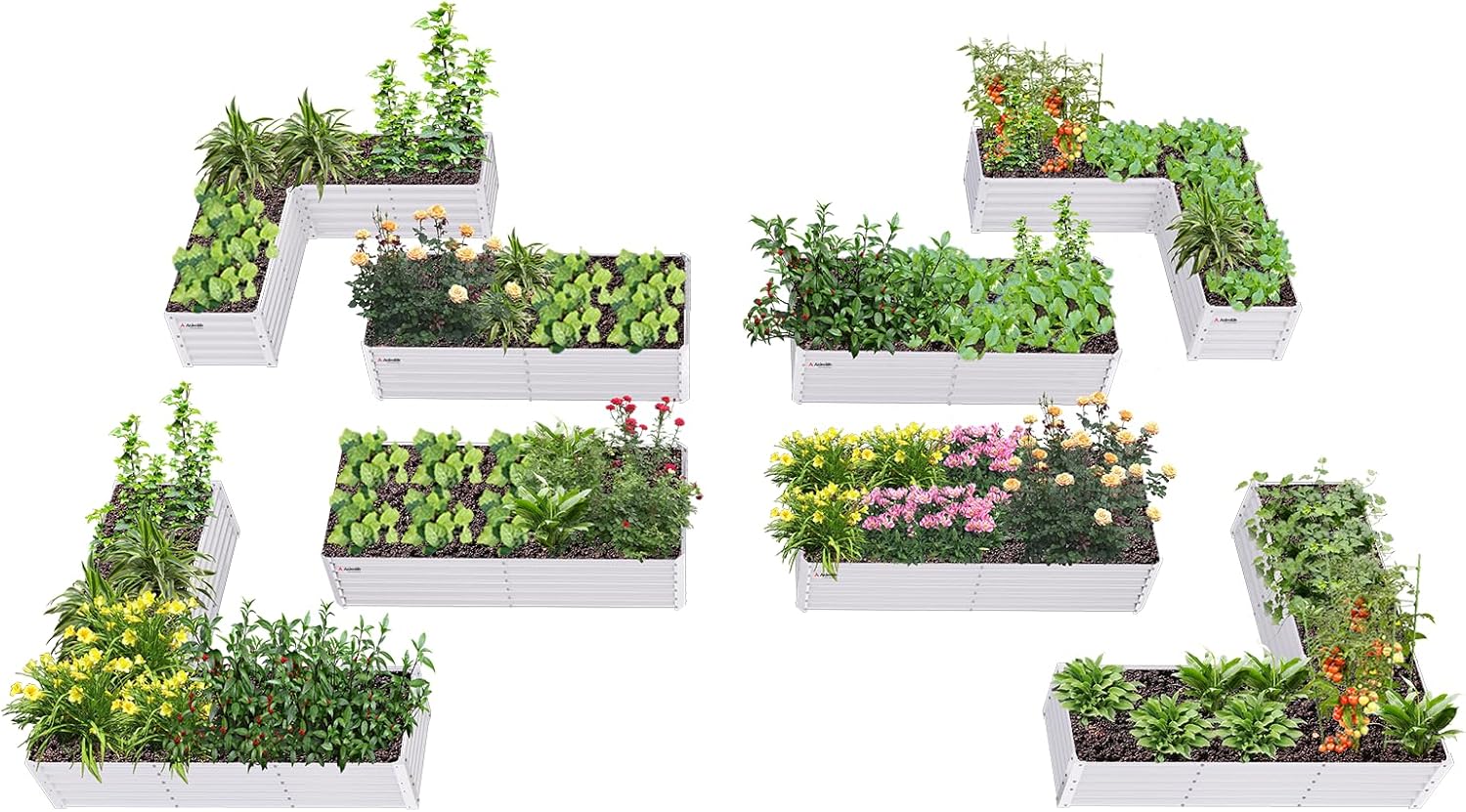 18" Tall Set of 8 Raised Garden Beds, L-Shape & Rectangle Layout