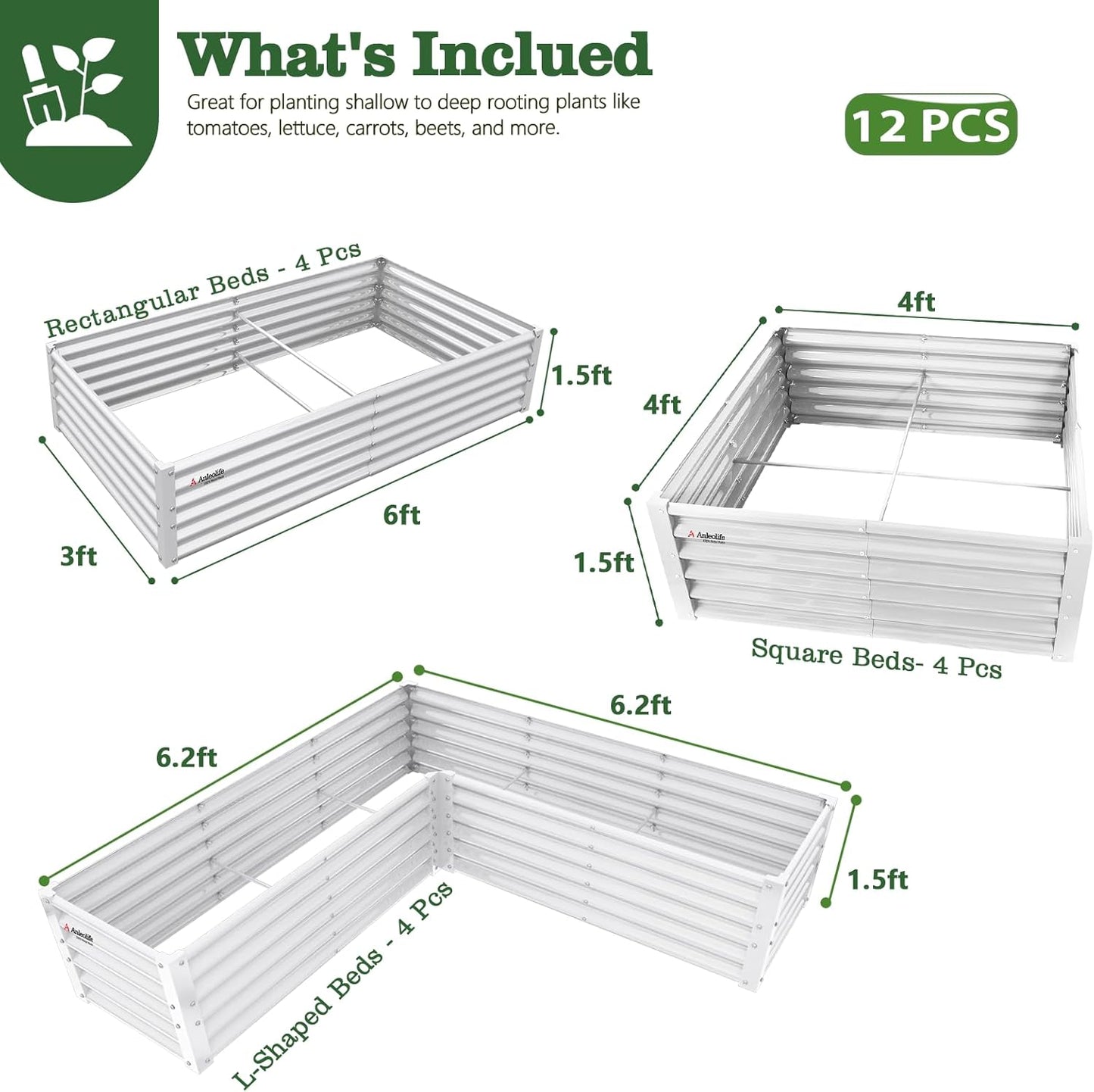 18" Tall Modular Raised Garden Bed Set, 12-Piece Layout for Customizable Gardening (Gray/White)