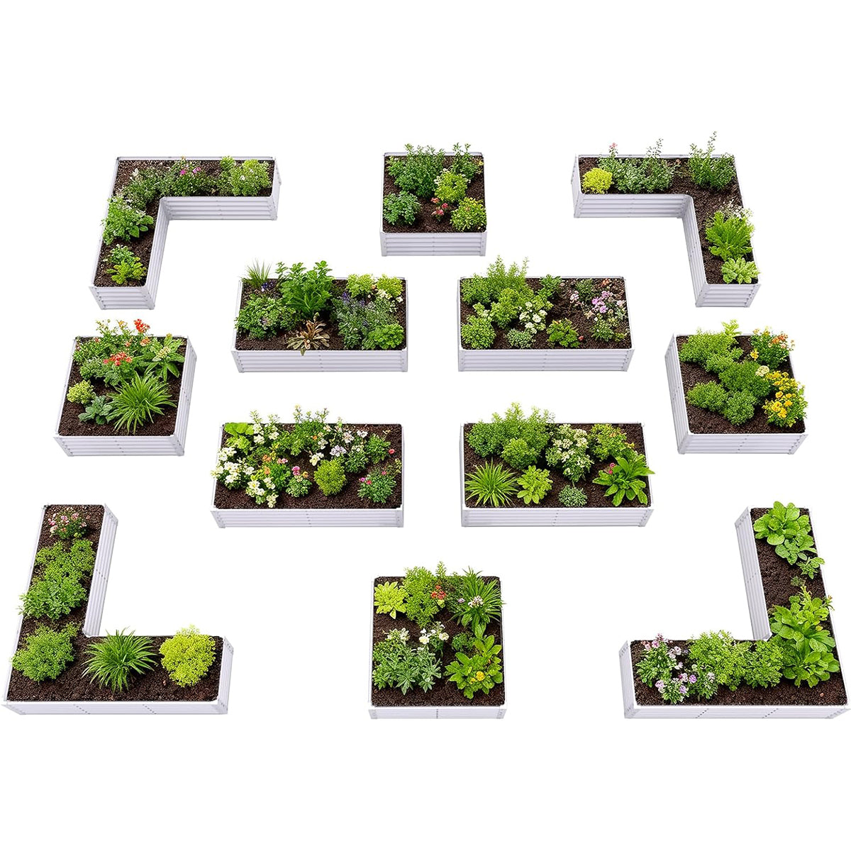 18" Tall Modular Raised Garden Bed Set, 12-Piece Layout for Customizable Gardening (Gray/White)