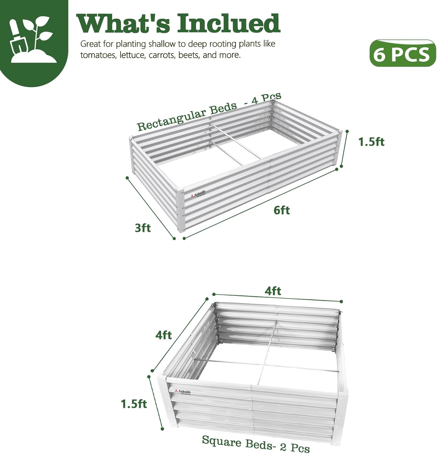 Set of 6: 2pcs(4x4x1.5ft) & 4 pcs (6x3x1.5ft) Rectangular Metal Raised Garden Bed (Gray/White)