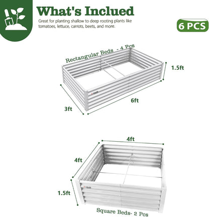 Set of 6: 2pcs(4x4x1.5ft) & 4 pcs (6x3x1.5ft) Rectangular Metal Raised Garden Bed (Gray/White)