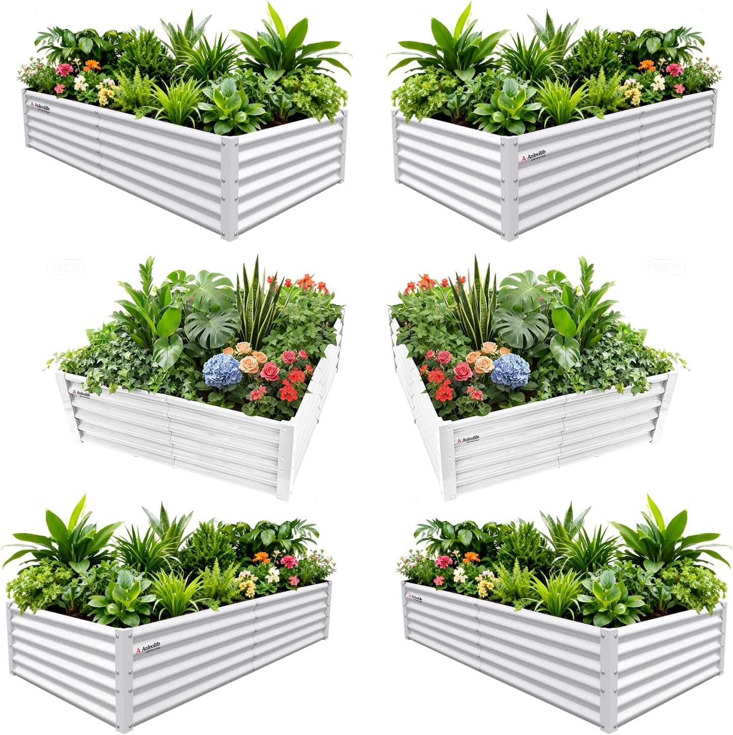 Set of 6: 2pcs(4x4x1.5ft) & 4 pcs (6x3x1.5ft) Rectangular Metal Raised Garden Bed (Gray/White)