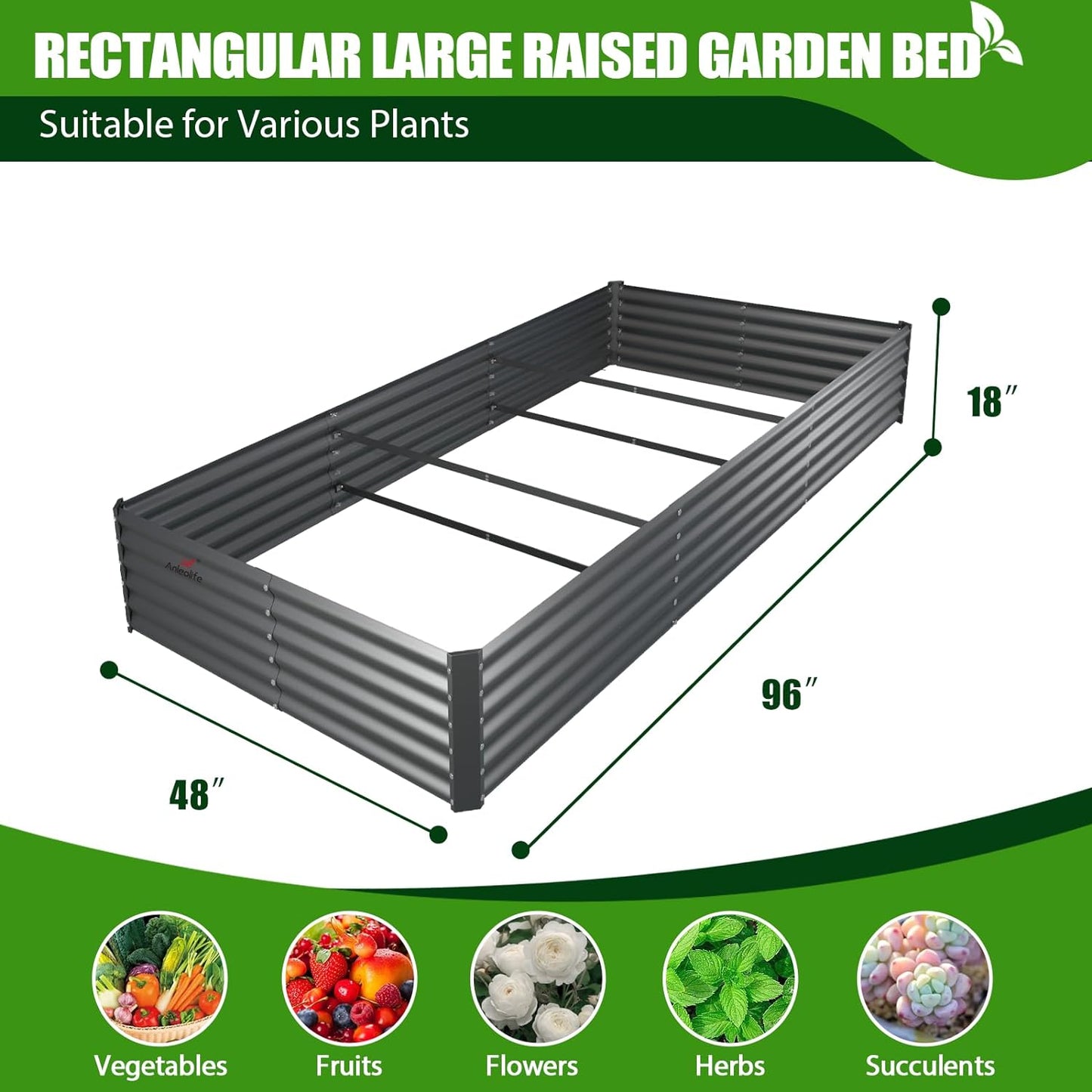 8x4x1.5ft Rectangular Modular Metal Raised Garden Bed Set (Grey)