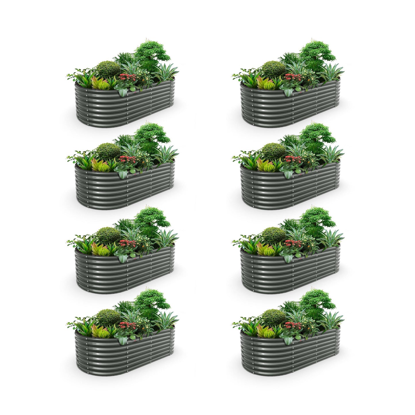 Set of 8: 8x4x2ft Oval Modular Metal Raised Garden Beds (Grey/White)