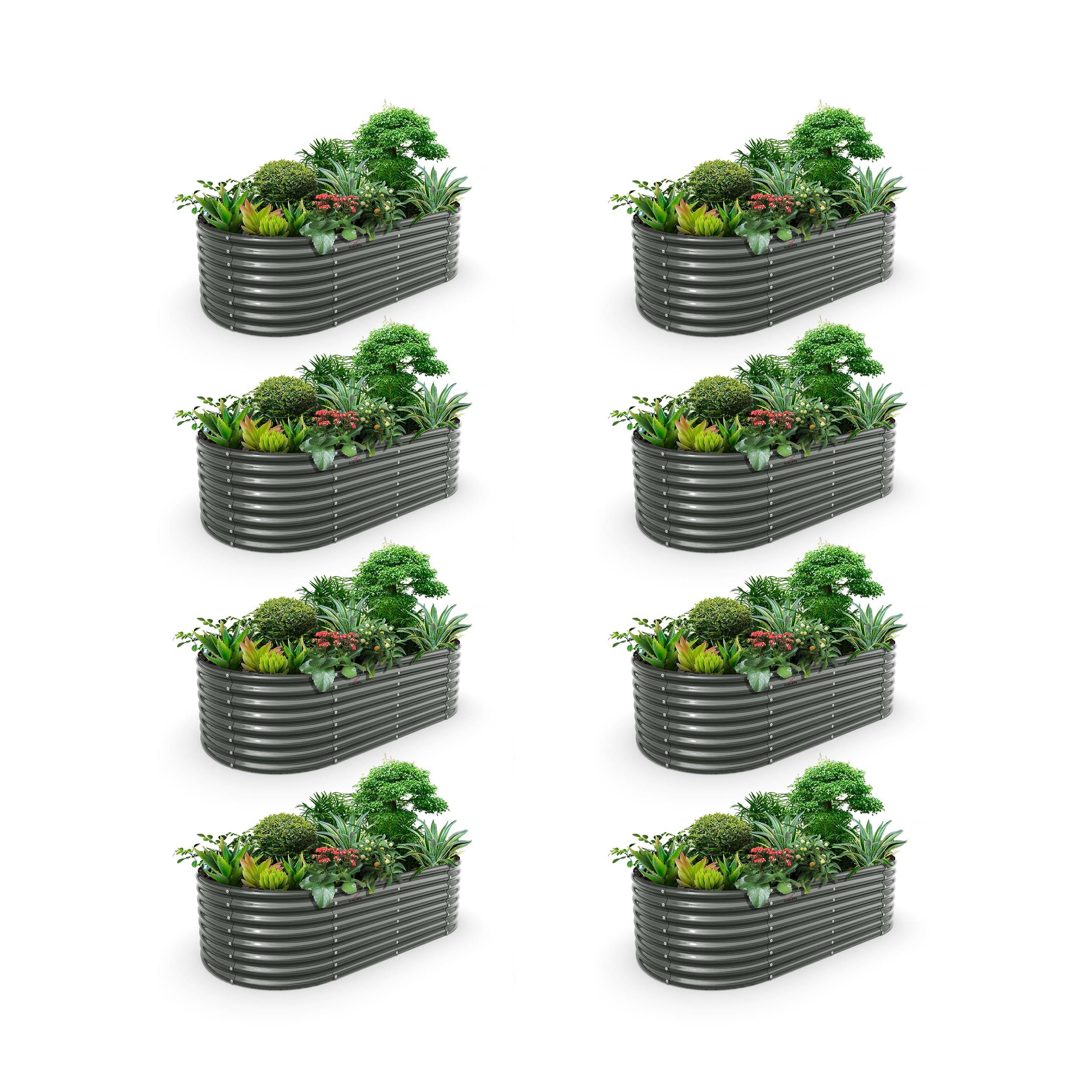 Set of 8: 8x4x2ft Oval Modular Metal Raised Garden Beds (Quartz Gray/Classic White)