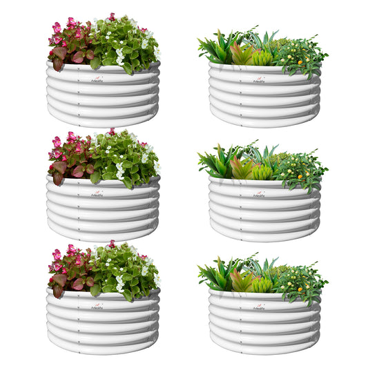 Set of 6: 48"x48"x18" Round Metal Raised Garden Beds (White/Grey)