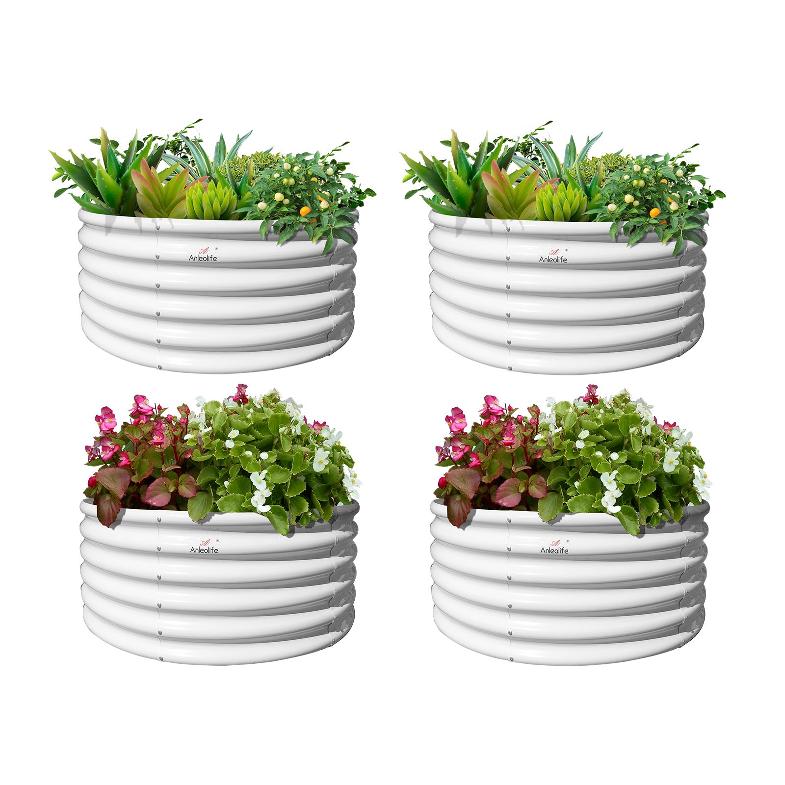 Set of 4: 48"x48"x18" Round Metal Raised Garden Beds (Classic White/Quartz Gray)