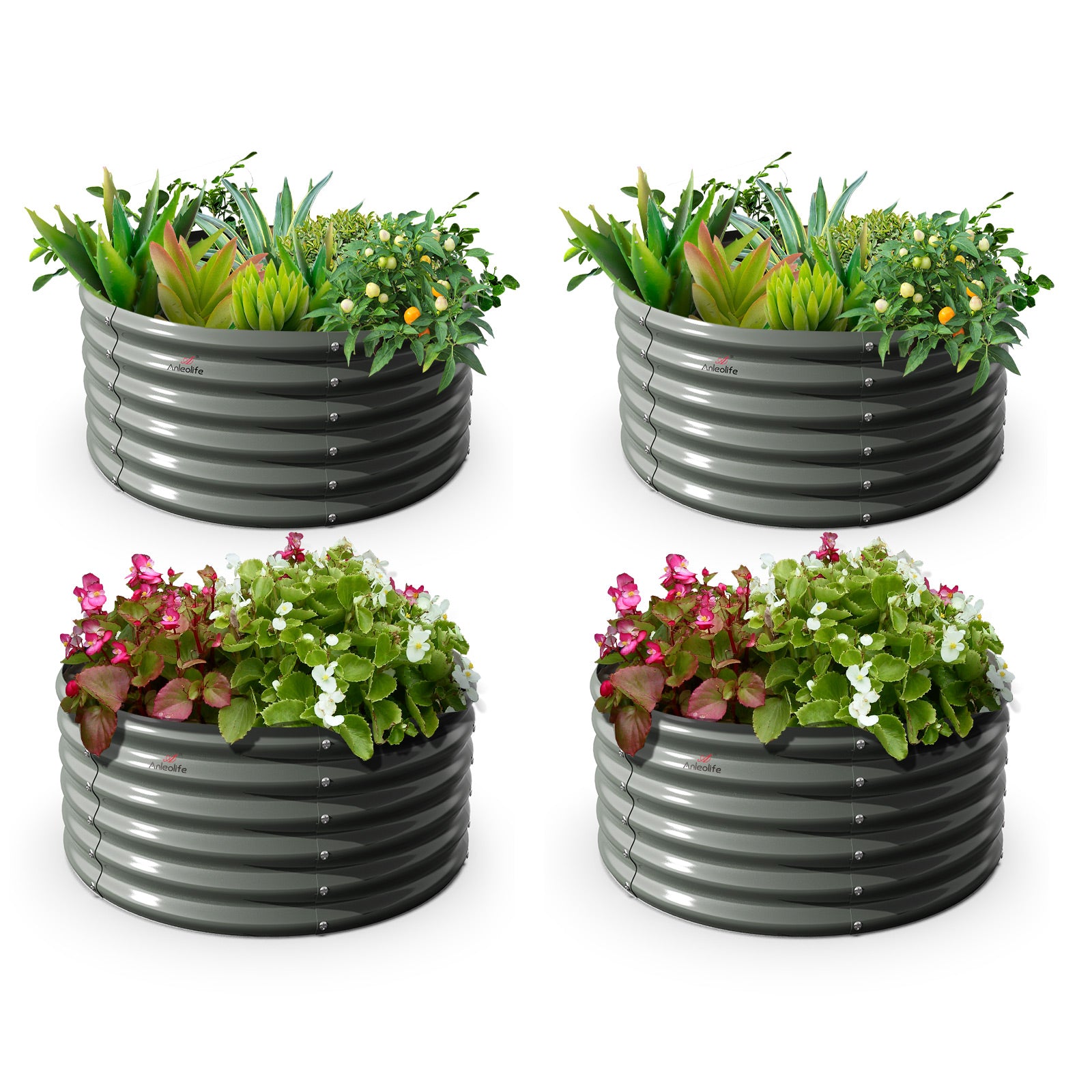 Set of 4: 48"x48"x18" Round Metal Raised Garden Beds (Classic White/Quartz Gray)