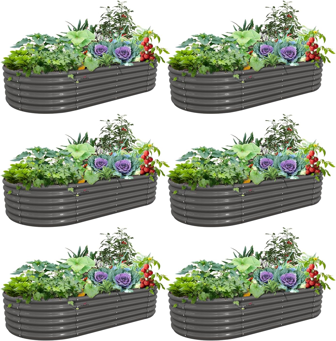 Set of 6: 8x4x1.5ft Oval Modular Sturdy Metal Raised Garden Bed (Grey)