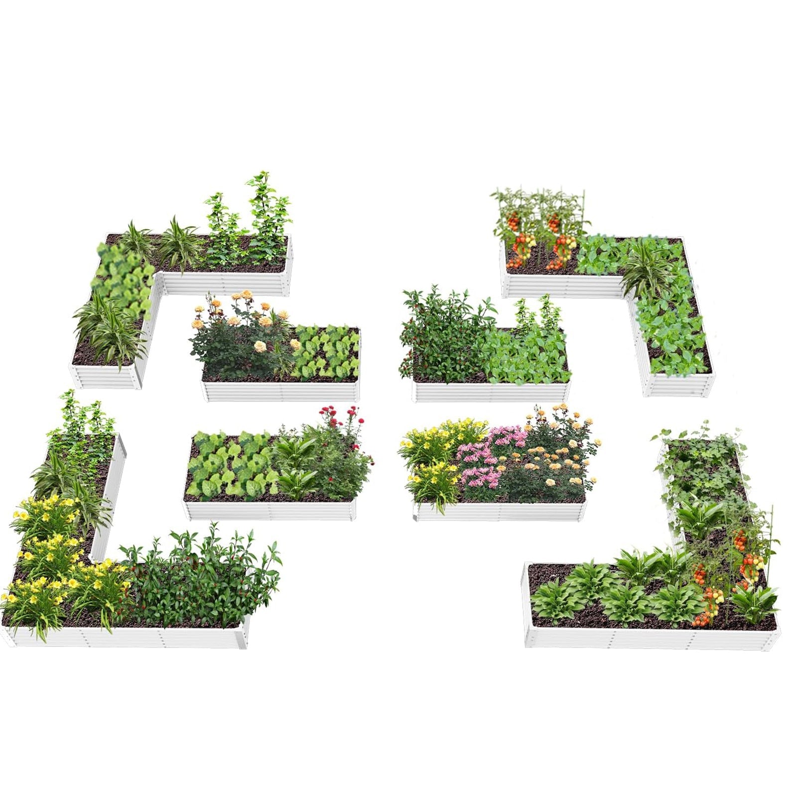Set of 8: 74''x74''x18'' &  96'' x48'' x18'' Geometric Metal Raised Garden Bed Layout (Classic White/Quartz Gray)