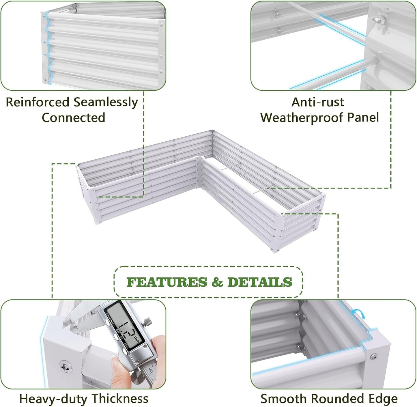 Set of 8: 74''x74''x18'' &  96'' x48'' x18'' Geometric Metal Raised Garden Bed Layout - White