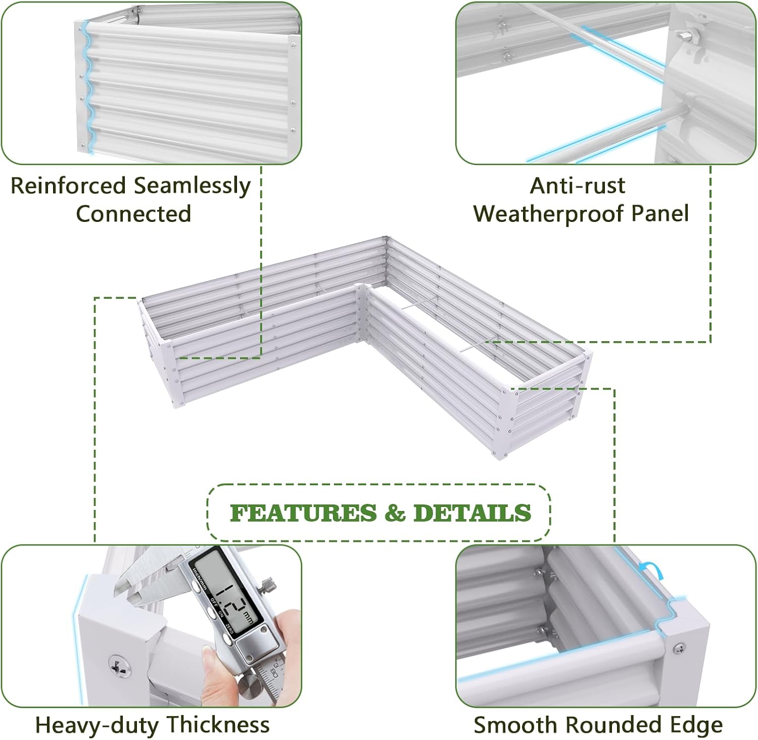 Set of 8: 74''x74''x18'' &  96'' x48'' x18'' Geometric Metal Raised Garden Bed Layout (Classic White/Quartz Gray)