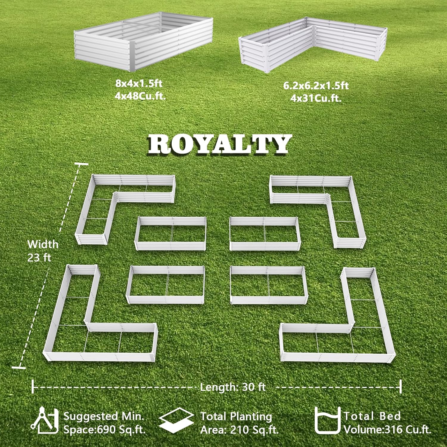 Set of 8: 74''x74''x18'' &  96'' x48'' x18'' Geometric Metal Raised Garden Bed Layout (Classic White/Quartz Gray)