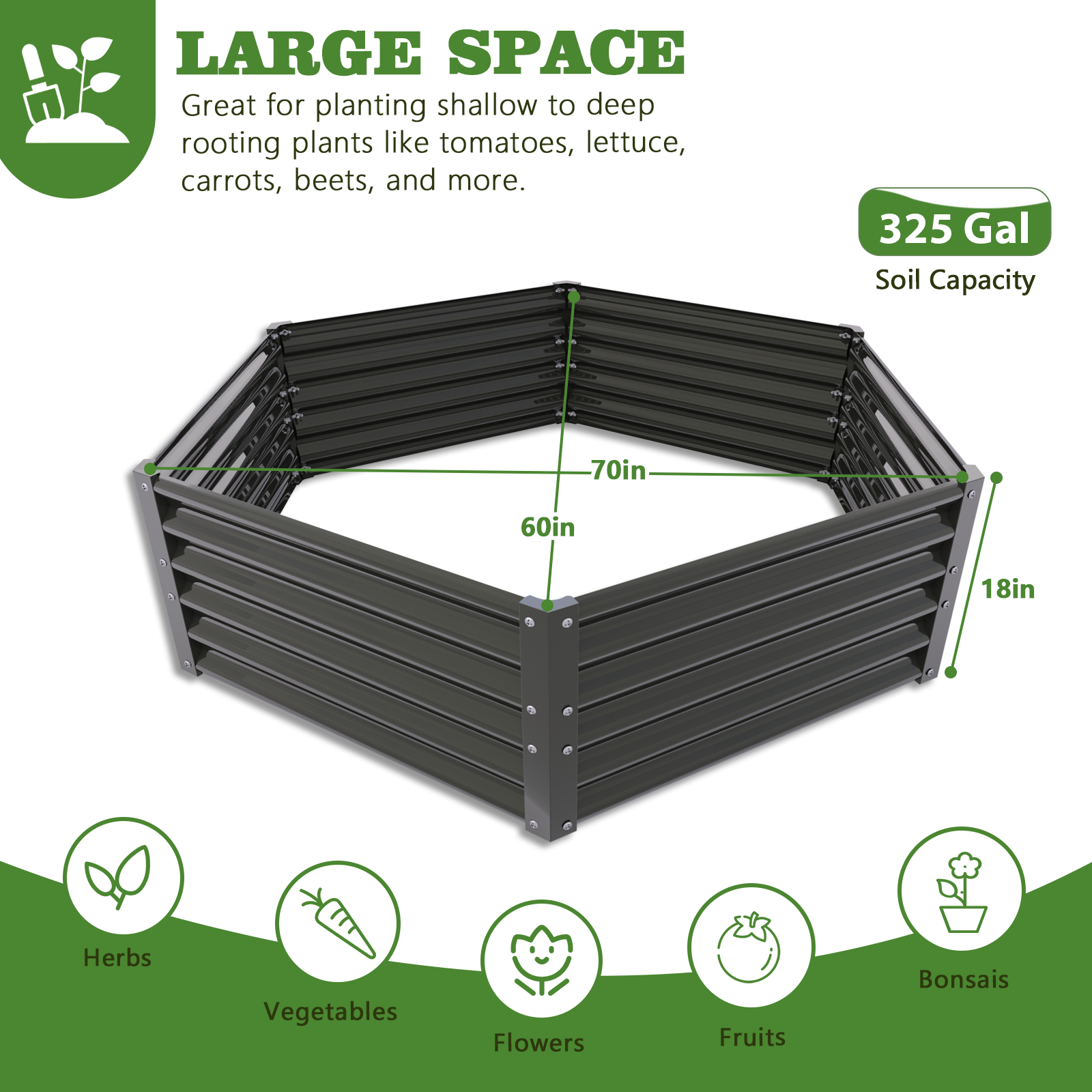 plastic galvanized planter Metal Hexagon Raised Garden Bed Planter Box For Planting Vegetables Flowers (70 In. L X 60 In. W X 18 In. H) A Anleolife Color: Gray Set Of: 1