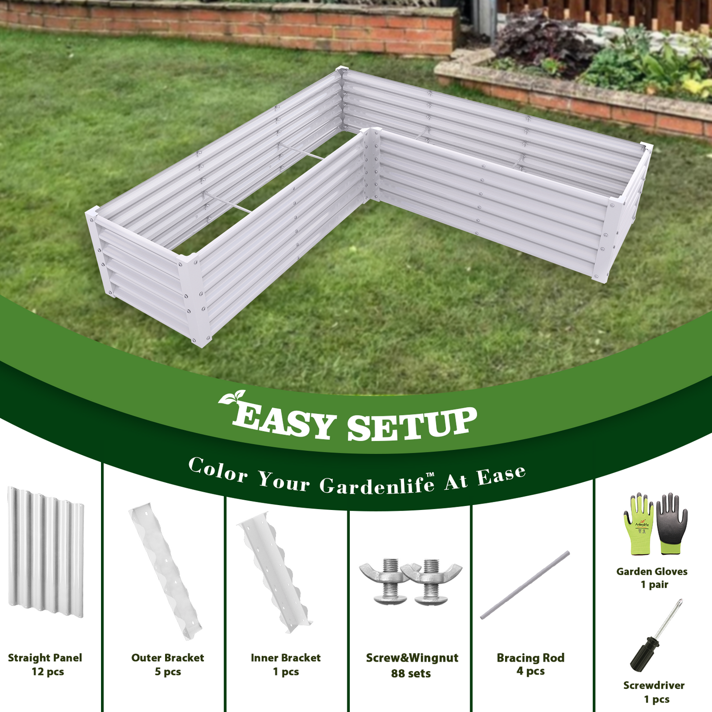 74''x74''x18'' L-shaped Galvanized Steel Raised Garden Bed - White