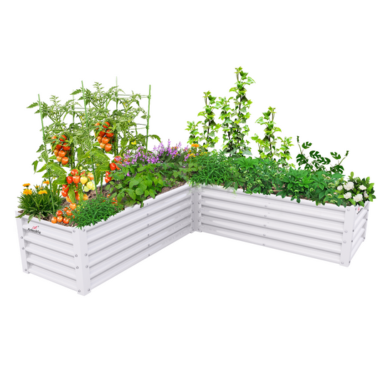 74''x74''x18'' L-shaped Galvanized Steel Raised Garden Bed - White