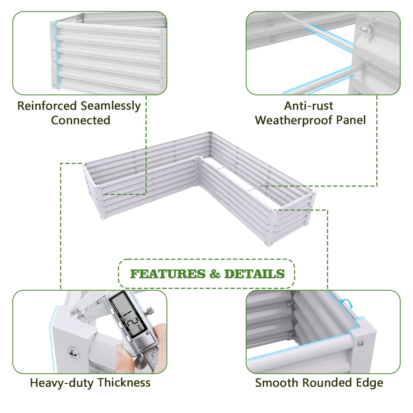 74''x74''x18'' L-shaped Galvanized Steel Raised Garden Bed - White