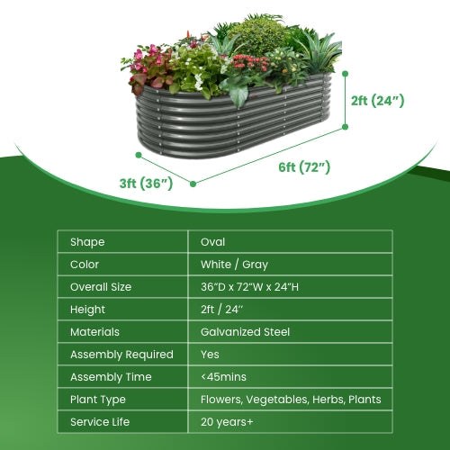 Set of 6: 6x3x2ft Oval Galvanized Metal Raised Garden Beds (Quartz Gray)