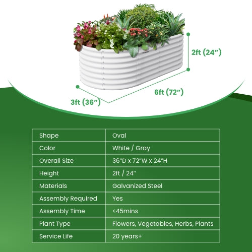 6x3x2ft Oval Metal Raised Modular Garden Bed (White)