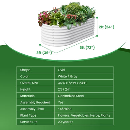 6x3x2ft Oval Metal Raised Modular Garden Bed Set (White)