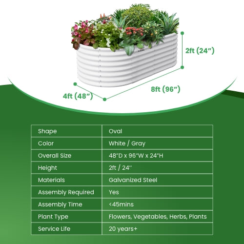 8x4x2ft Oval Modular Metal Raised Garden Bed (Classic White)