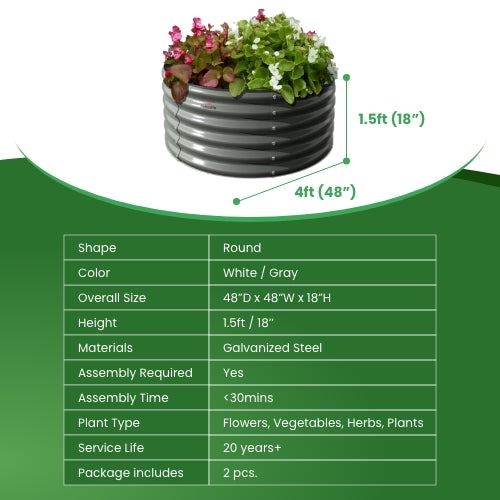 Set of 2: 48"x48"x18" Round Metal Raised Garden Beds (Quartz Gray)