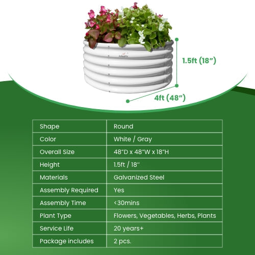 Set of 4: 48"x48"x18" Round Metal Raised Garden Beds (Classic White/Quartz Gray)