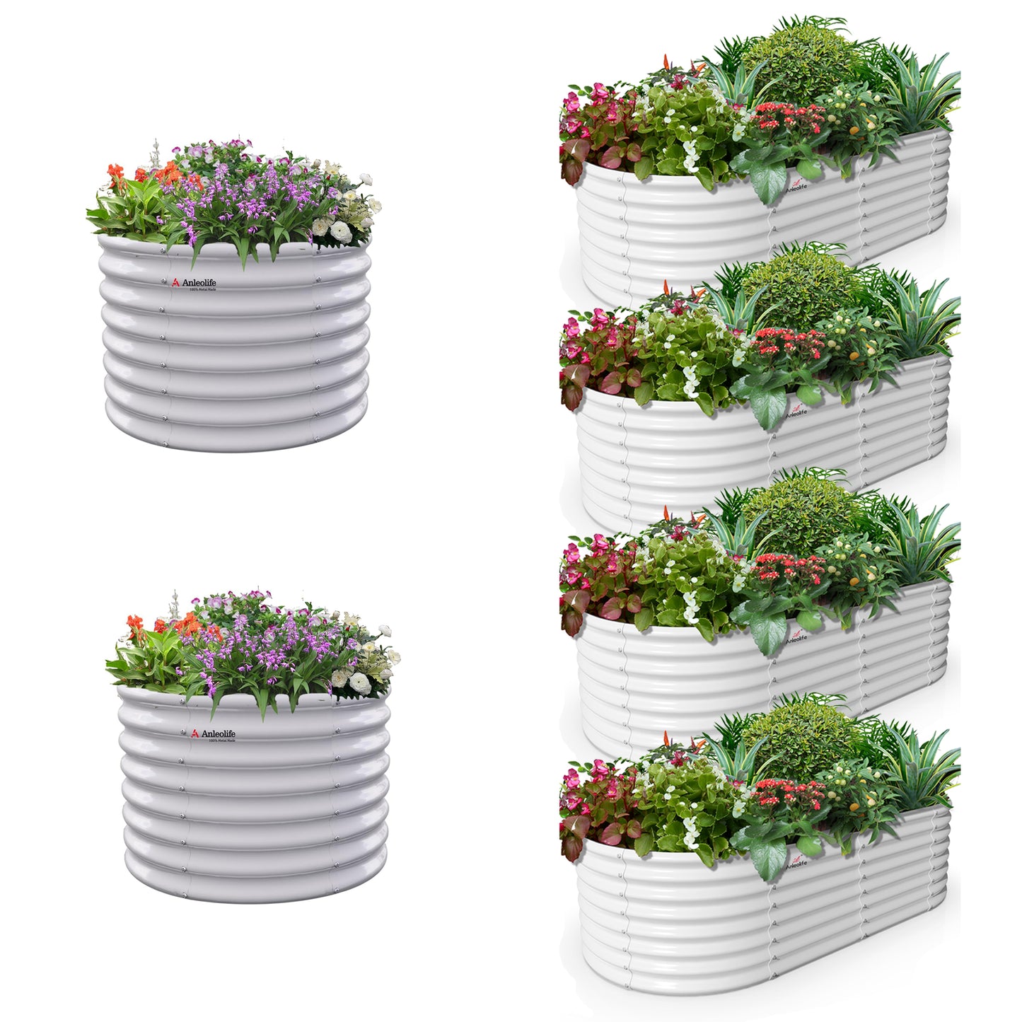 Set of 6: 24'' Tall Round & Oval Metal Raised Garden Beds Bundle (White/Gray)
