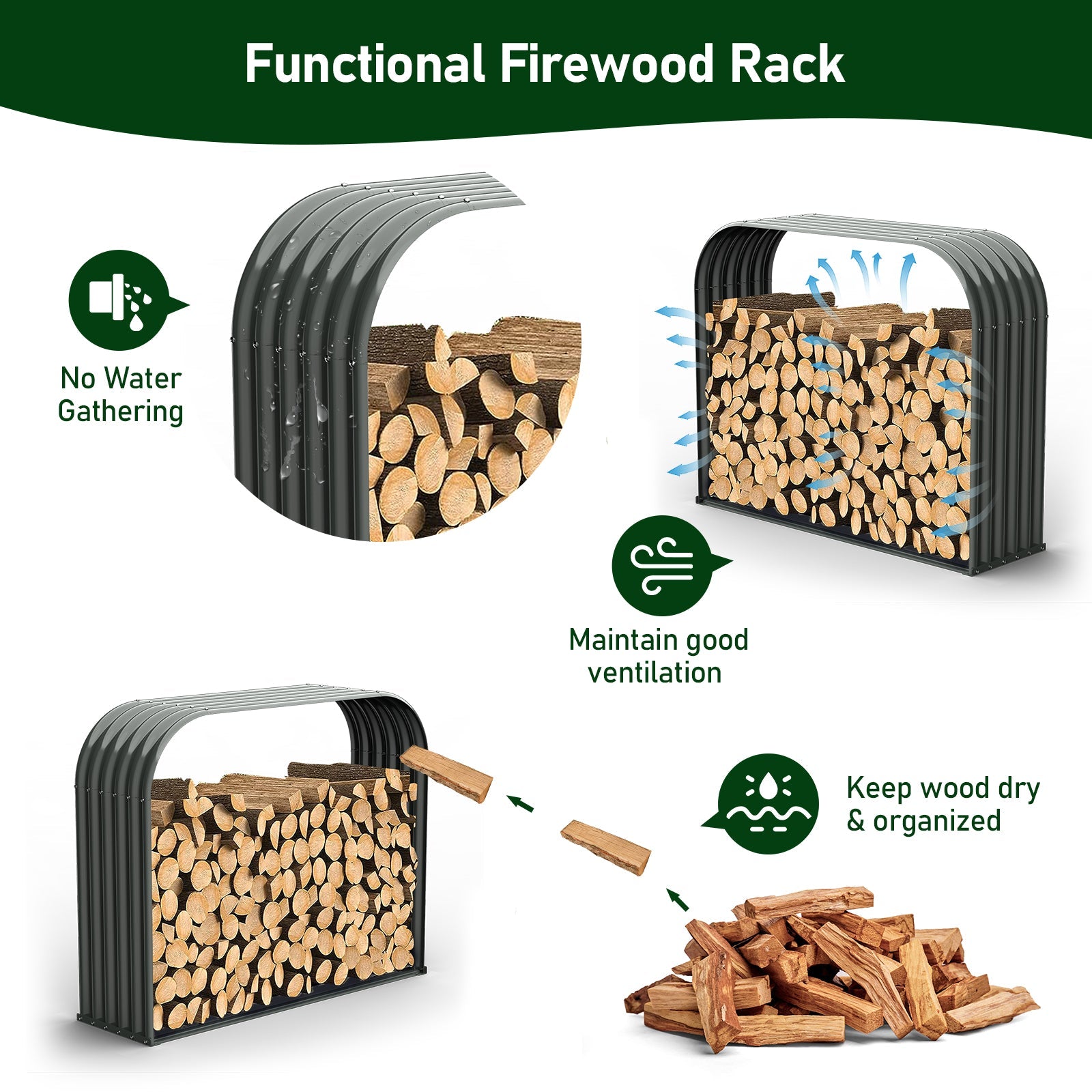 Set of 4, 29 Cubic Ft Each Firewood Storage Shed, Heavy-Duty Galvanized Steel Log Holder, 59"W x 18"D x 48"H