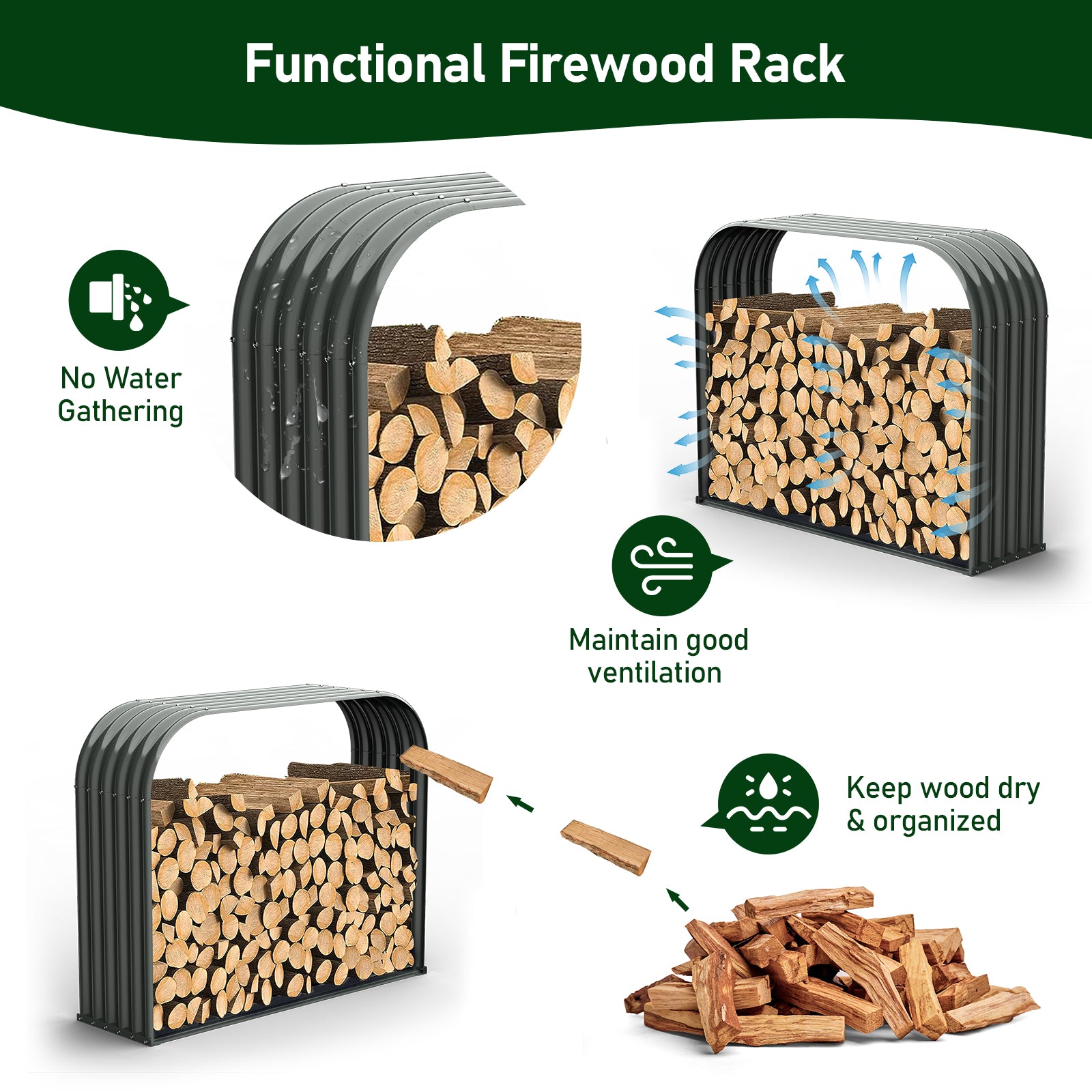 Set of 2, 29 Cubic Ft Each Firewood Storage Shed, Heavy-Duty Galvanized Steel Outdoor Log Rack, 59"W x 18"D x 48"H